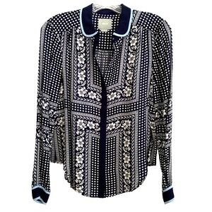 Anthropologie Maeve Floral Dot Scarf Print Blouse Shirt Top sz 0 Navy Blue Rayon